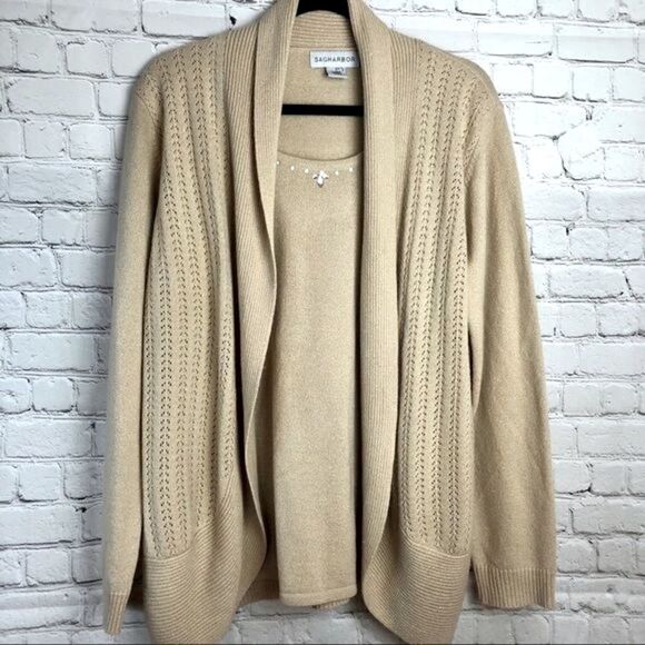 Sag Harbor. Tan w/ gold fleck knit sweater combo L - Picture 1 of 7